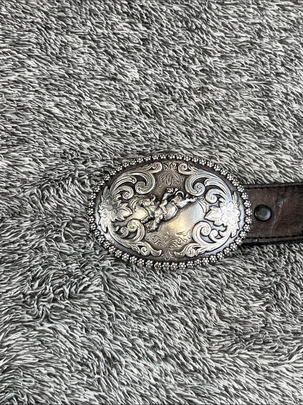 Nocona Kids Western Leather Belt Size 18 Bull Rider Trophy Buckle Floral Silver